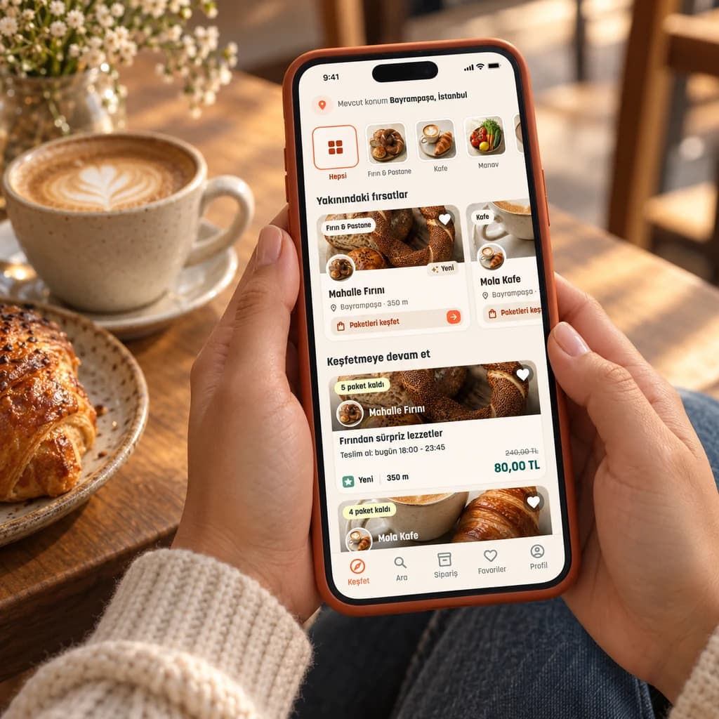 Telefonundan yakınındaki sürpriz yemek paketlerini keşfeden bir kişi