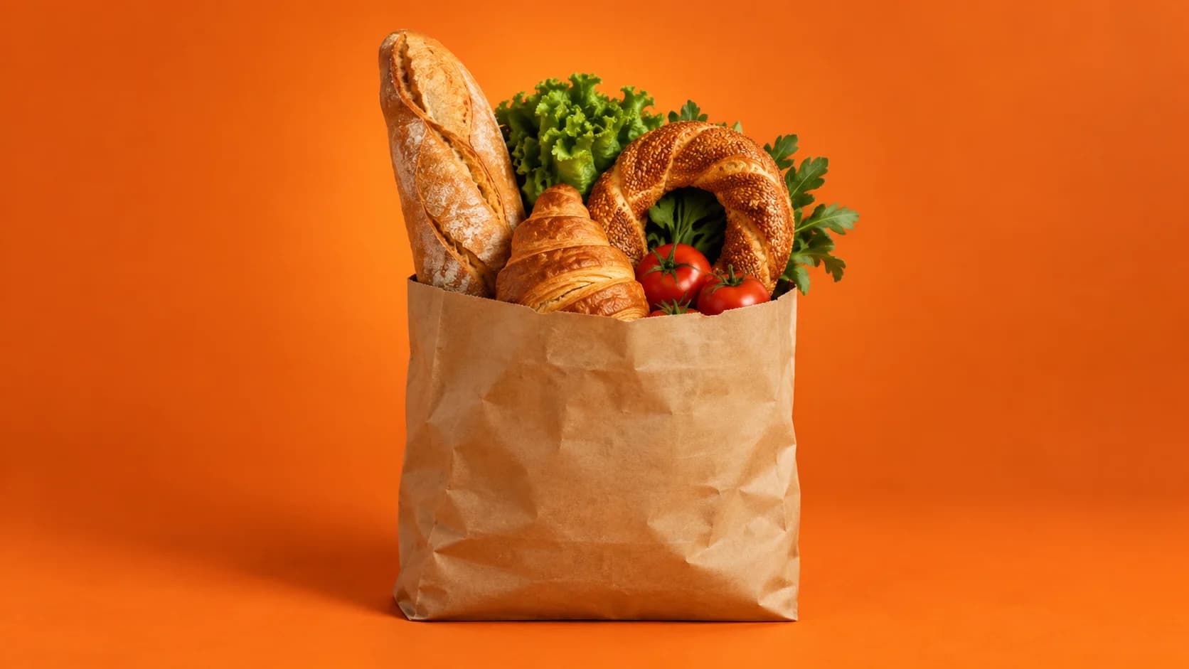 Ekmek, simit ve taze sebzelerle dolu bir sürpriz paket